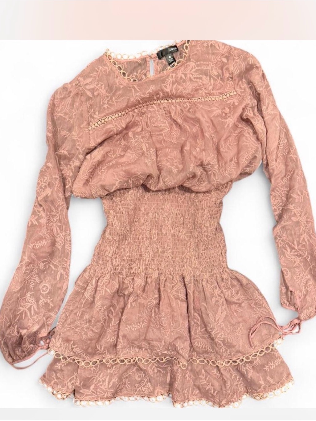 Aqua Blush Pink Long-Sleeve Smocked Mini Dress